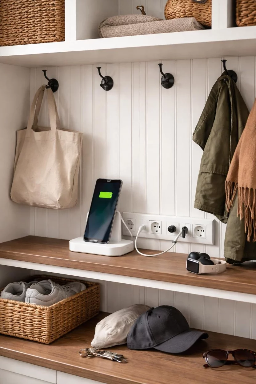 A realistic photo of a mudroom locker compartment featuring a built-in power strip with USB ports and a white phone charging dock for organizing electronics.