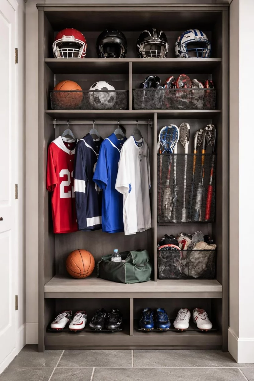 A realistic photo of a tall mudroom locker dedicated to sports gear, featuring mesh equipment pockets and several hanging rods for helmets and jerseys.