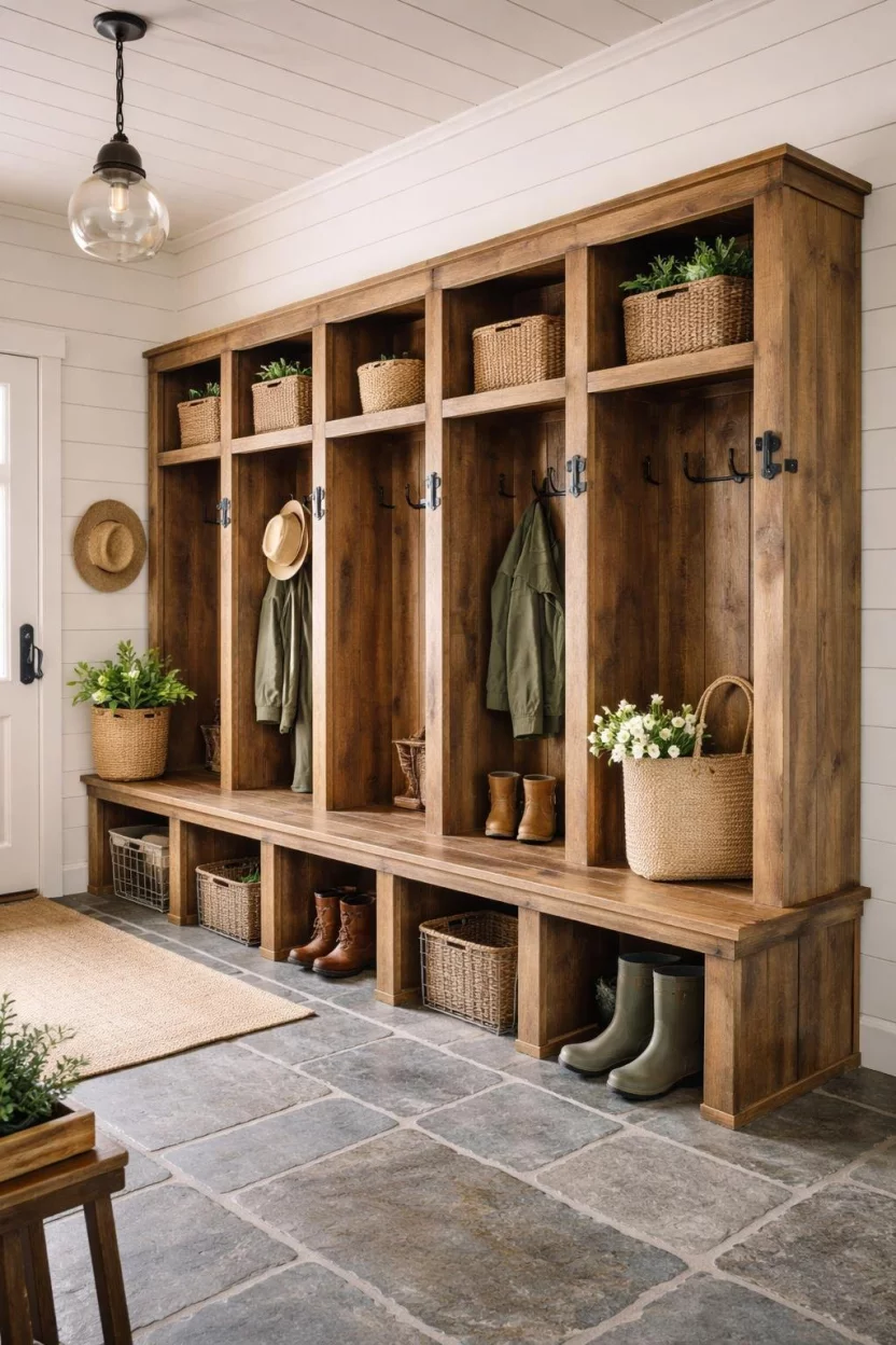 A realistic photo of a mudroom with rustic reclaimed wood lockers featuring vintage iron hinges against a white shiplap wall, providing a warm farmhouse atmosphere that naturally hides dirt.