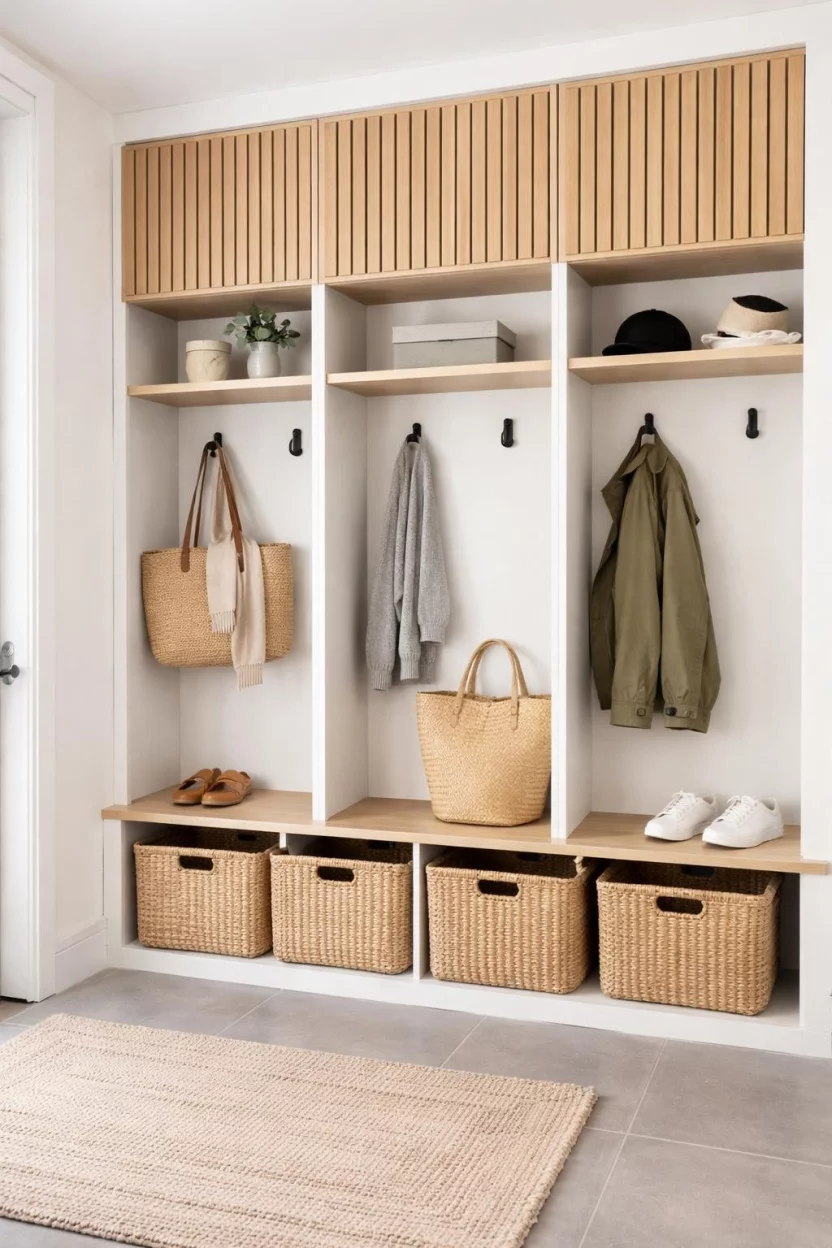 A realistic photo of a mudroom locker with modern light wood slat fronts and matte black hooks for an airy and textured look.