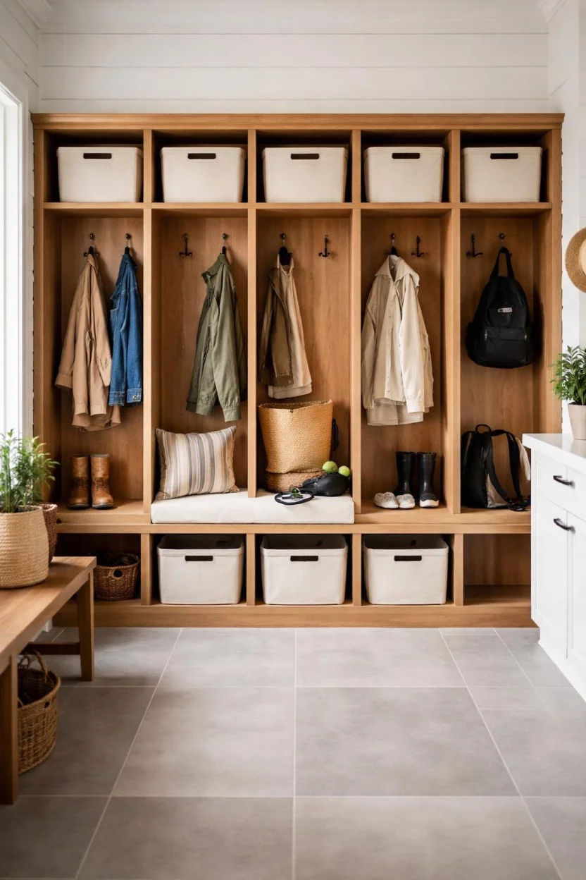 A realistic photo of a mudroom with open wooden cubbies, featuring canvas storage bins and black hooks for quick access to coats and leashes.