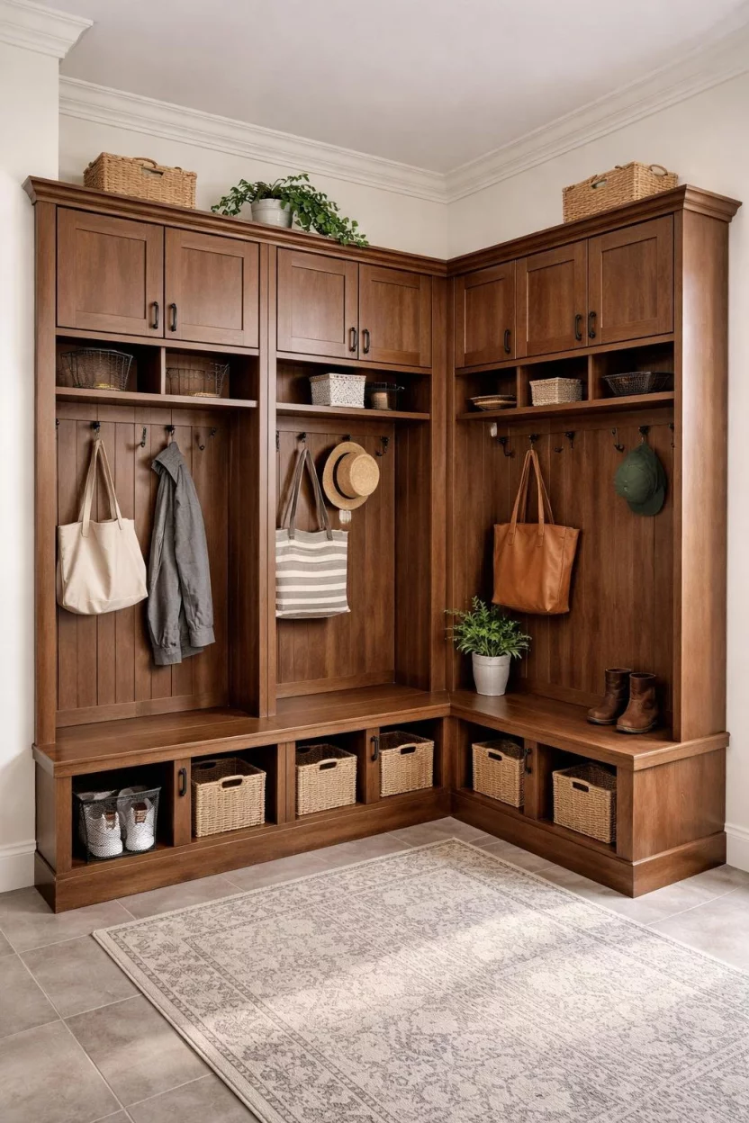 A realistic photo of an L-shaped mudroom locker unit in a corner, featuring rotating hooks and a brown wooden finish to maximize storage space.