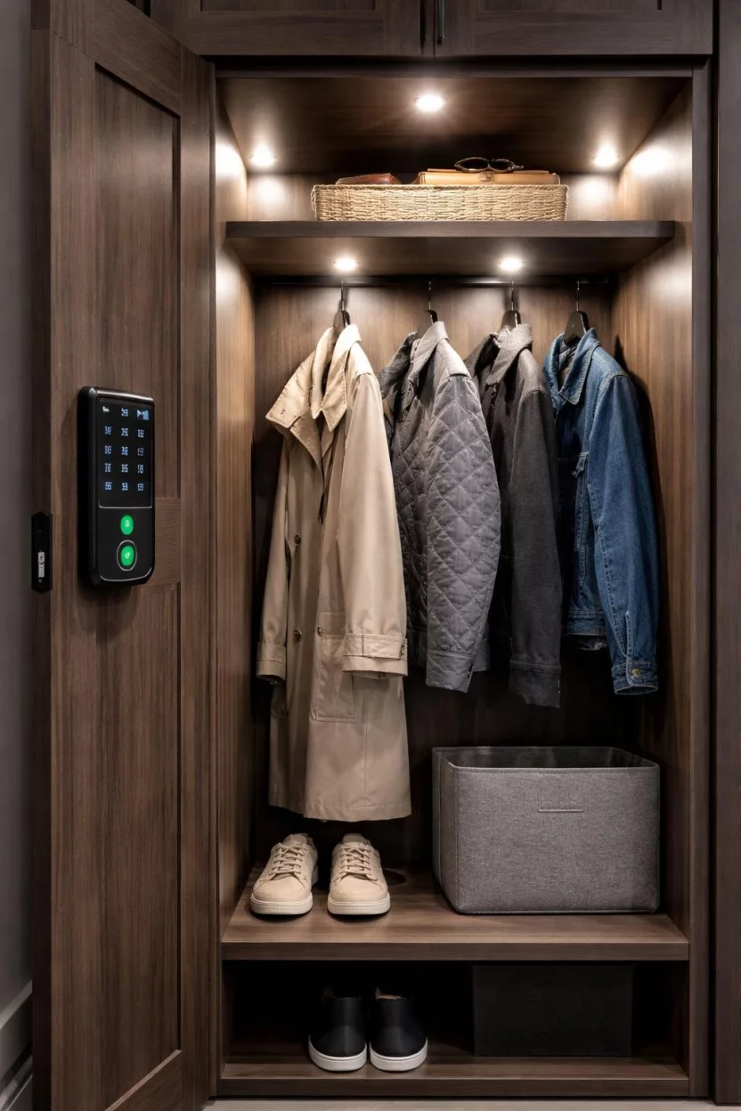 A realistic photo of a mudroom locker featuring a small digital keypad lock and internal motion-sensor lights for a futuristic and secure storage experience.