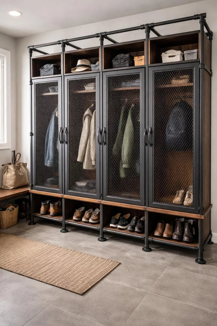 A realistic photo of a mudroom locker with silver metal mesh doors and black industrial pipe shelving for a rugged and durable look.