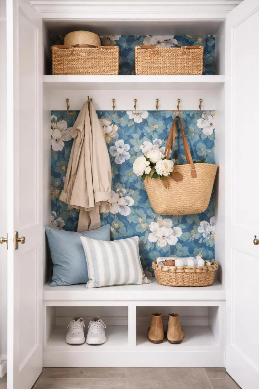A realistic photo of an open mudroom locker showing a blue floral patterned wallpaper backing and white shelving for a pop of color.
