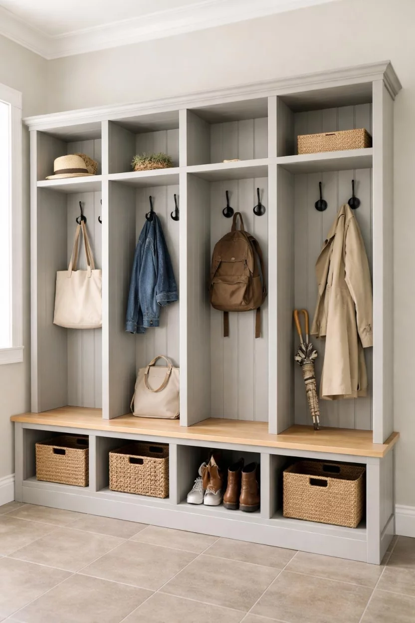 A realistic photo of a mudroom locker built from simple lumber and painted light gray, featuring black hardware and a basic bench for an affordable storage project.