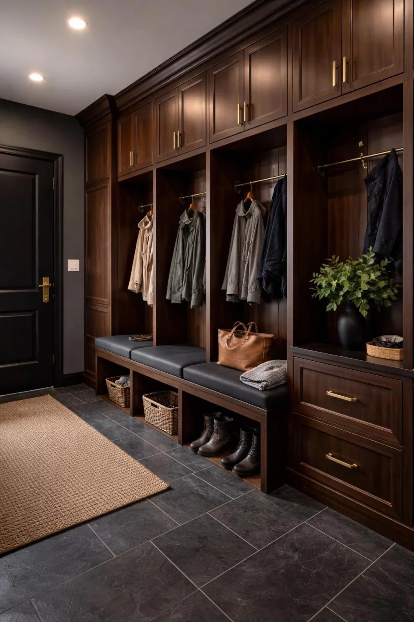 A realistic photo of a mudroom with deep walnut-stained lockers featuring matte brass pulls and a dark, sophisticated atmosphere that hides scuffs.