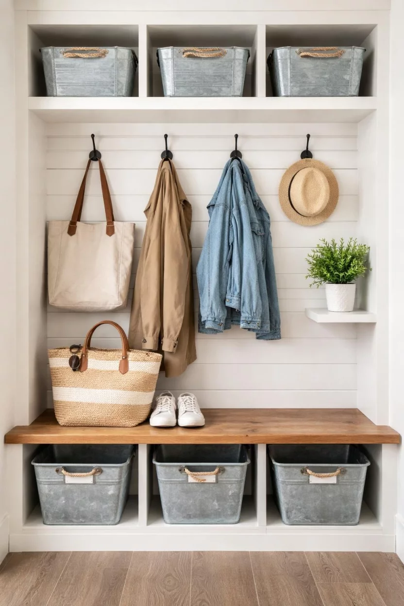 A realistic photo of a mudroom locker with a white shiplap back and black iron hooks, accompanied by galvanized steel bins and a small green plant for a cozy entry.
