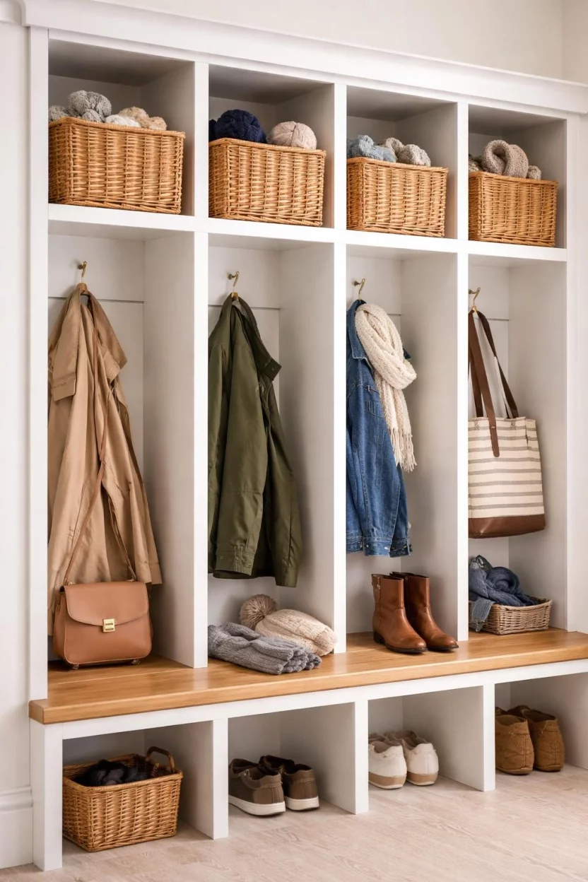 A realistic photo of a mudroom locker with natural wicker baskets tucked into open cubbies, providing a soft storage solution for hats and gloves.