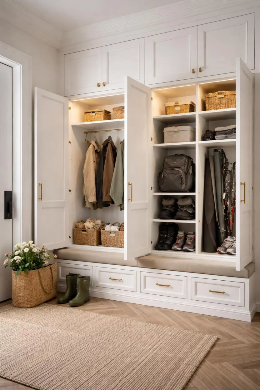 A realistic photo of a mudroom with fully enclosed white cabinets, featuring soft-close hinges and internal LED lights to hide messy gear behind elegant doors.