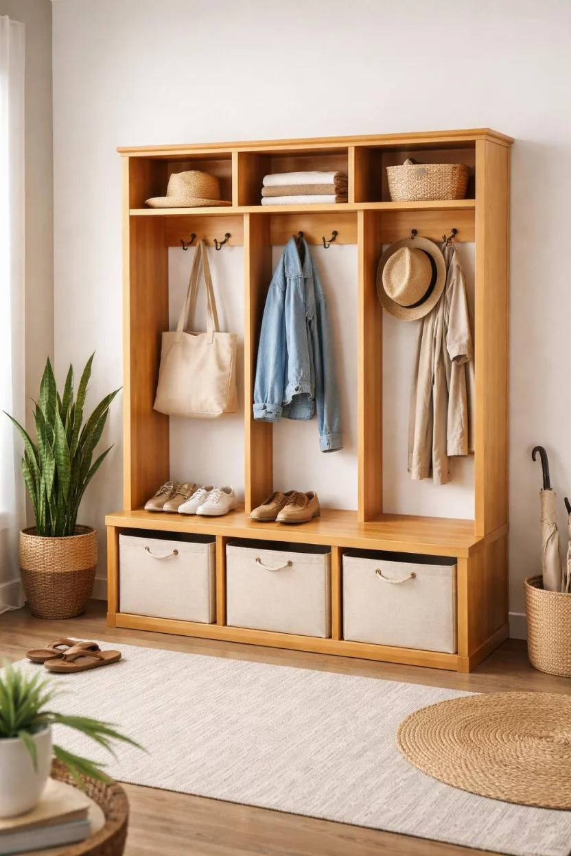 A realistic photo of a lightweight bamboo mudroom locker with a natural oil finish and beige canvas bins for an eco-friendly storage solution.