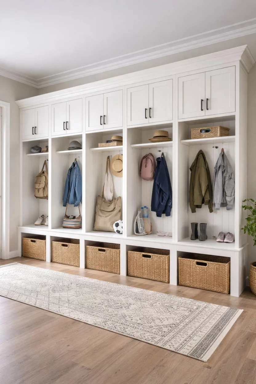 A realistic photo of an expansive wall-spanning locker system in a mudroom, featuring white crown molding and distinct zones for different family members.