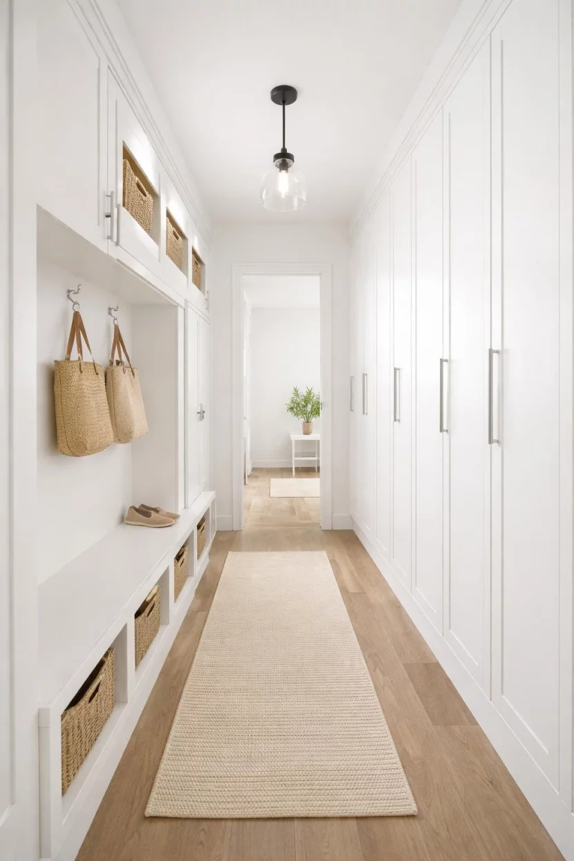 A realistic photo of a mudroom with minimalist all-white lockers, featuring flat panels and slim silver pulls for a bright and clean look in a narrow space.