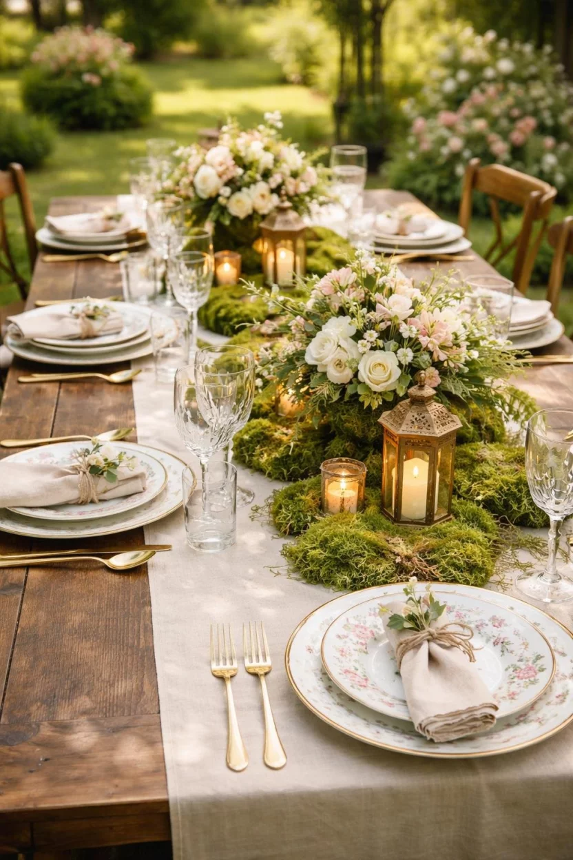 Themed Outdoor Tablescapes A realistic photo of a garden dining table set with a linen runner, mismatched vintage china, moss centerpieces, and small gold lanterns.
