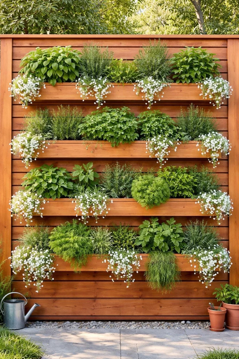 Living Wall Vertical Garden A realistic photo of a vertical wall garden made of cedar wood slats holding rows of vibrant green herbs and spilling white flowers.