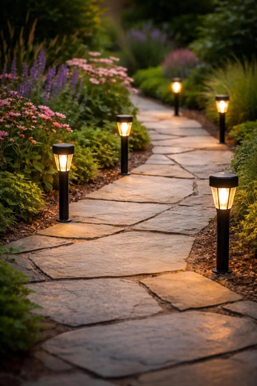 LED Pathway Illumination A realistic photo of a stone garden walkway lined with small black solar powered LED stake lights glowing warmly.