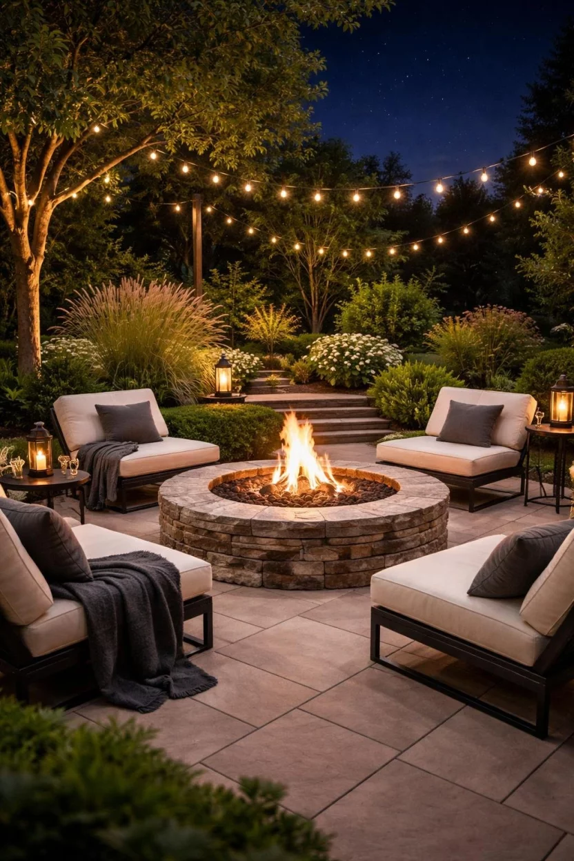 Cozy Fire Pit Lounge Area A realistic photo of a garden patio featuring a modern circular natural stone fire pit surrounded by low profile chairs with cream weather resistant cushions and charcoal throw blankets under a clear night sky.