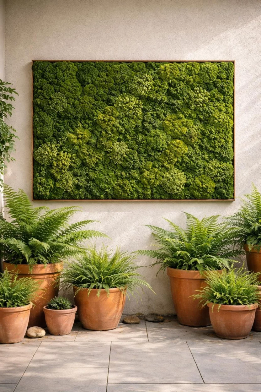 Moss and Organic Decor Accents A realistic photo of a patio wall featuring a lush green preserved moss panel and various terracotta pots with wild ferns.