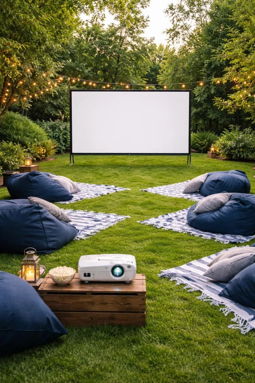 Outdoor Movie Theater Setup A realistic photo of a garden lawn with a large white movie screen, a portable digital projector on a wooden stand, and several oversized navy blue bean bags and striped blankets for seating.