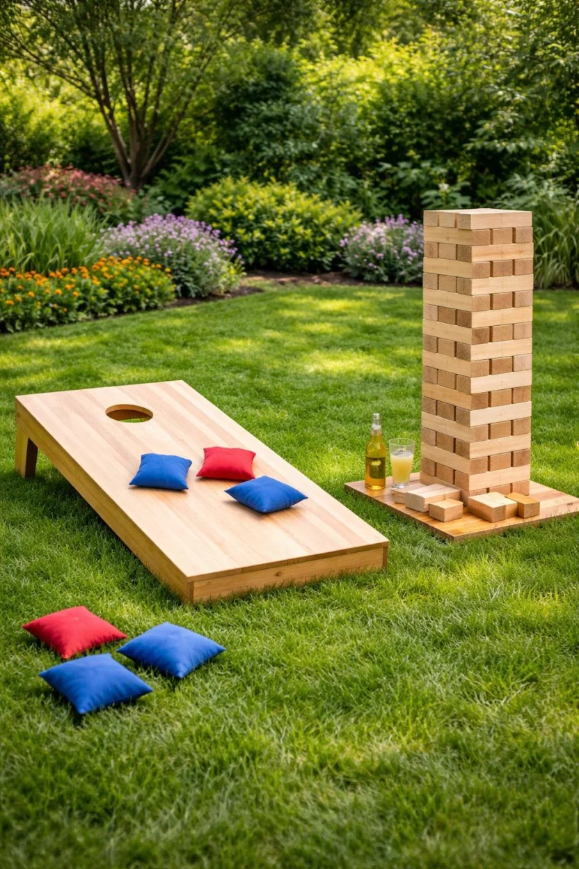 Backyard Lawn Games Zone A realistic photo of a green garden lawn featuring a wooden cornhole set with blue and red bean bags near a giant wooden Jenga tower.