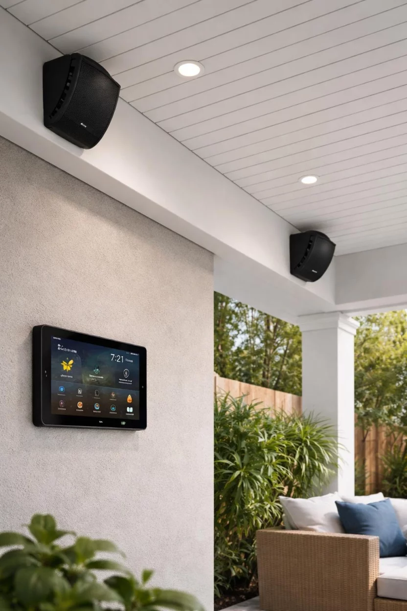 Smart Tech Outdoor Integration A realistic photo of a patio ceiling featuring sleek black weatherproof speakers and a glowing smart control tablet mounted on the wall.
