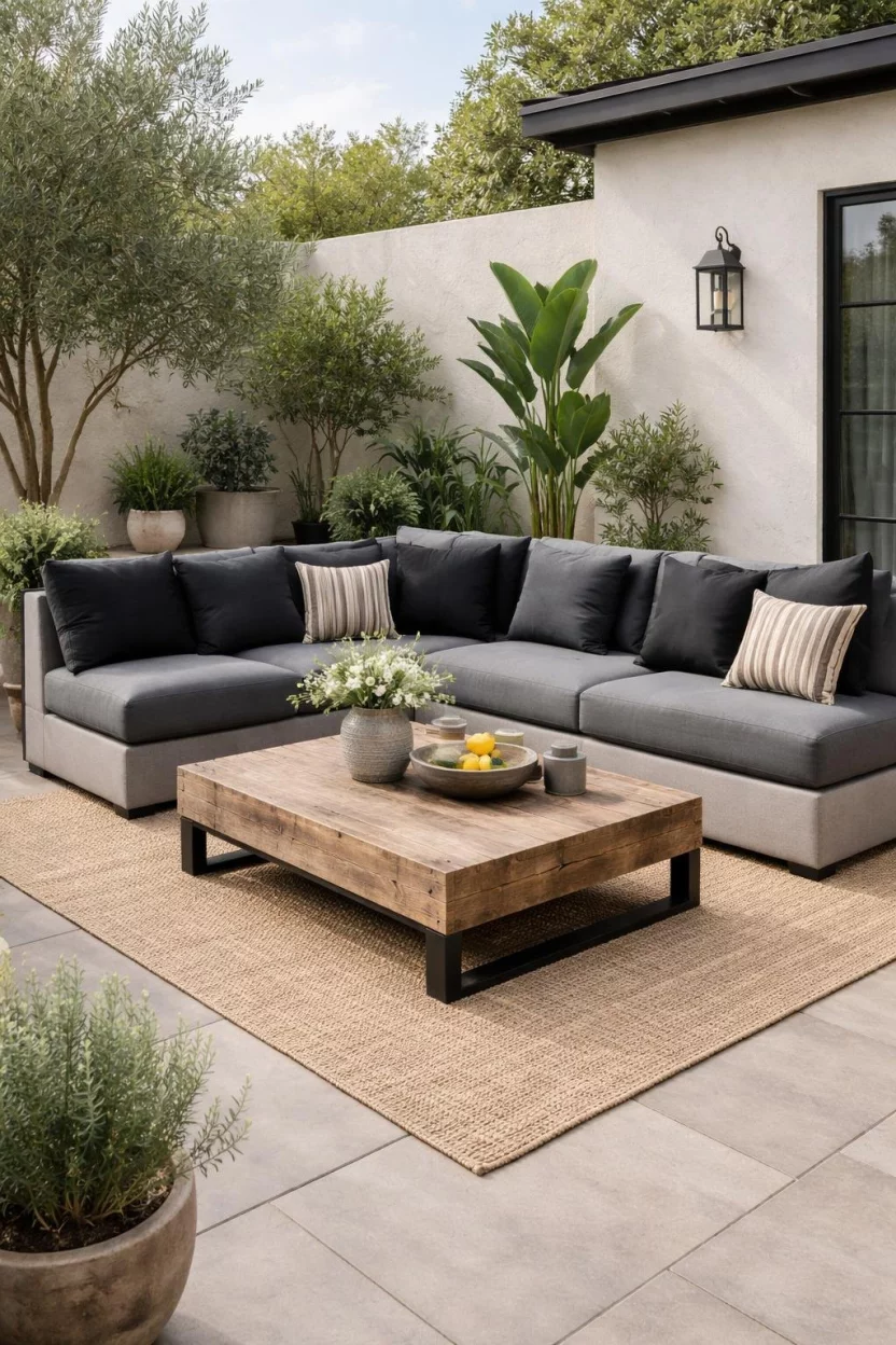 Luxurious Lounge Seating Nook A realistic photo of a patio featuring a modular grey sofa with black cushions, a textured jute rug, and a low reclaimed wood coffee table.