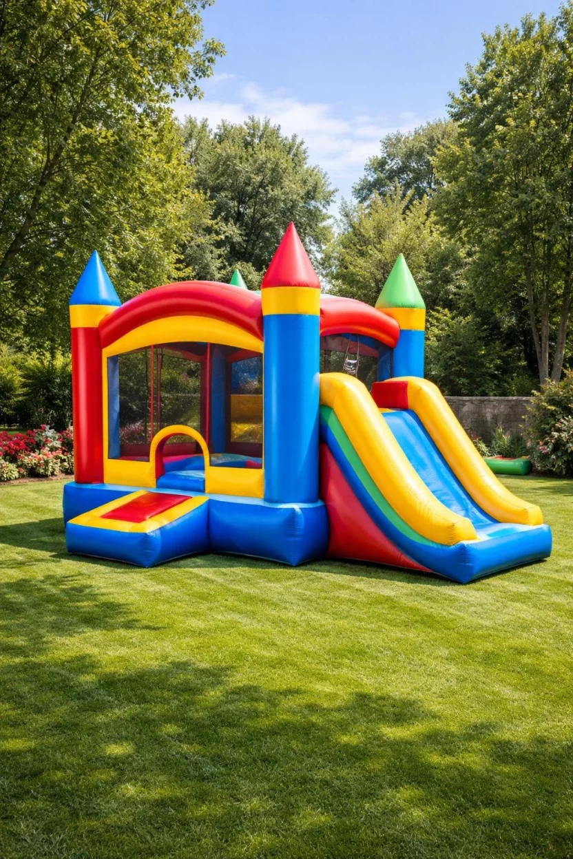 Inflatable Fun Play Area A realistic photo of a backyard lawn featuring a large colorful inflatable bounce house with a slide and safety netting.