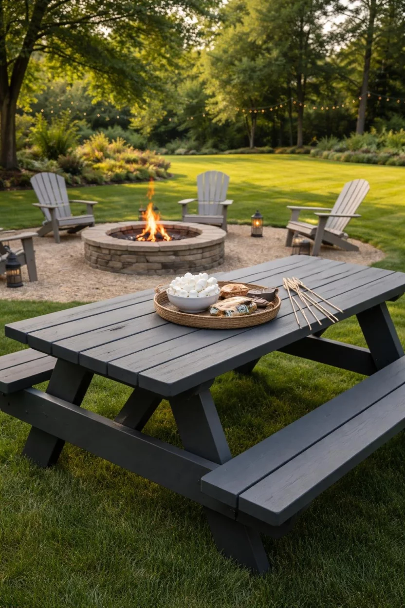 A realistic photo of a large backyard with a classic wooden picnic table painted dark grey, located near a circular fire pit with several metal skewers for marshmallows on the table.