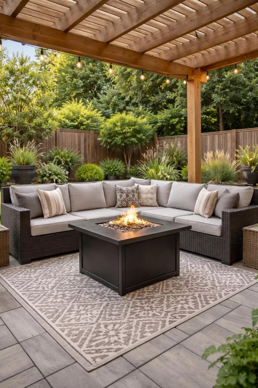 A realistic photo of a modern patio with a large dark brown wicker sectional sofa featuring light grey cushions, surrounding a square black metal gas fire pit table on a patterned outdoor rug under a wooden pergola.