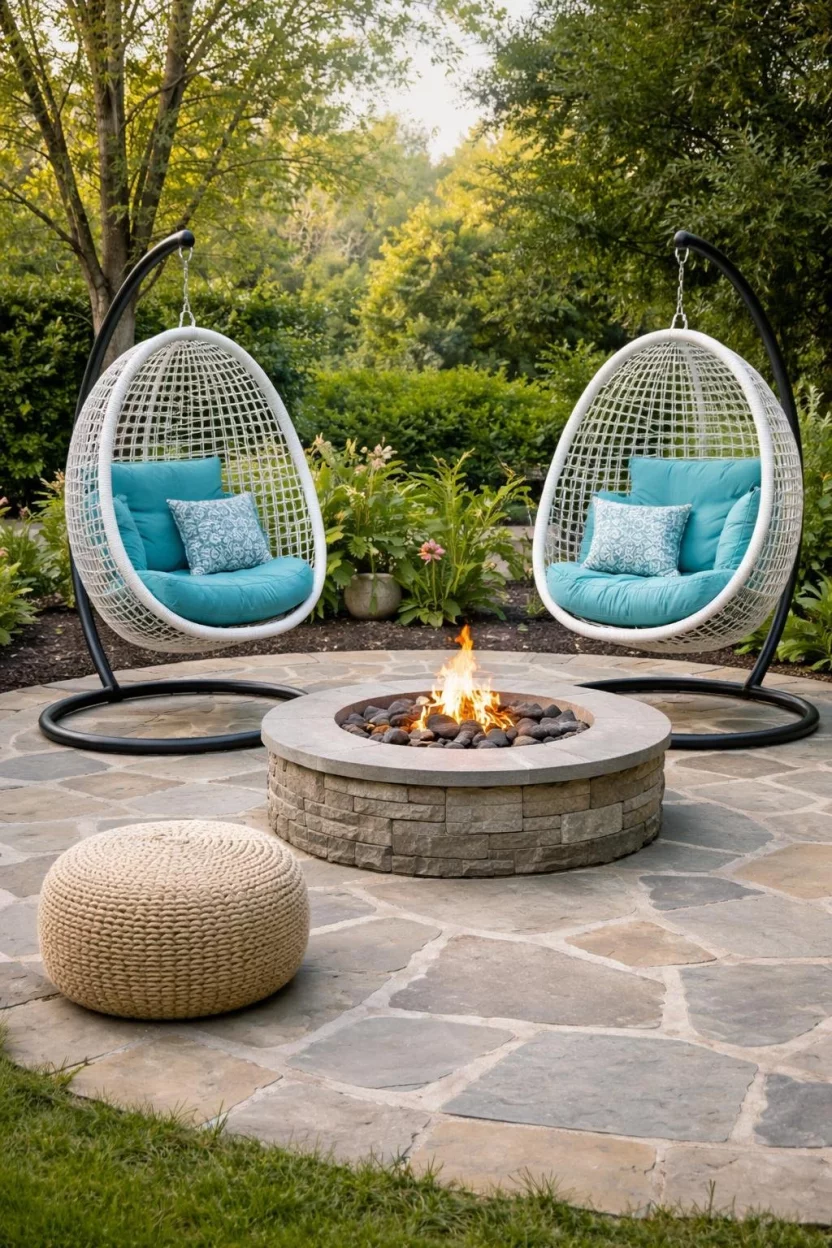 A realistic photo of a flagstone patio near a fire pit featuring two white hanging egg chairs on black metal stands with plush turquoise cushions and a woven floor pouf nearby.