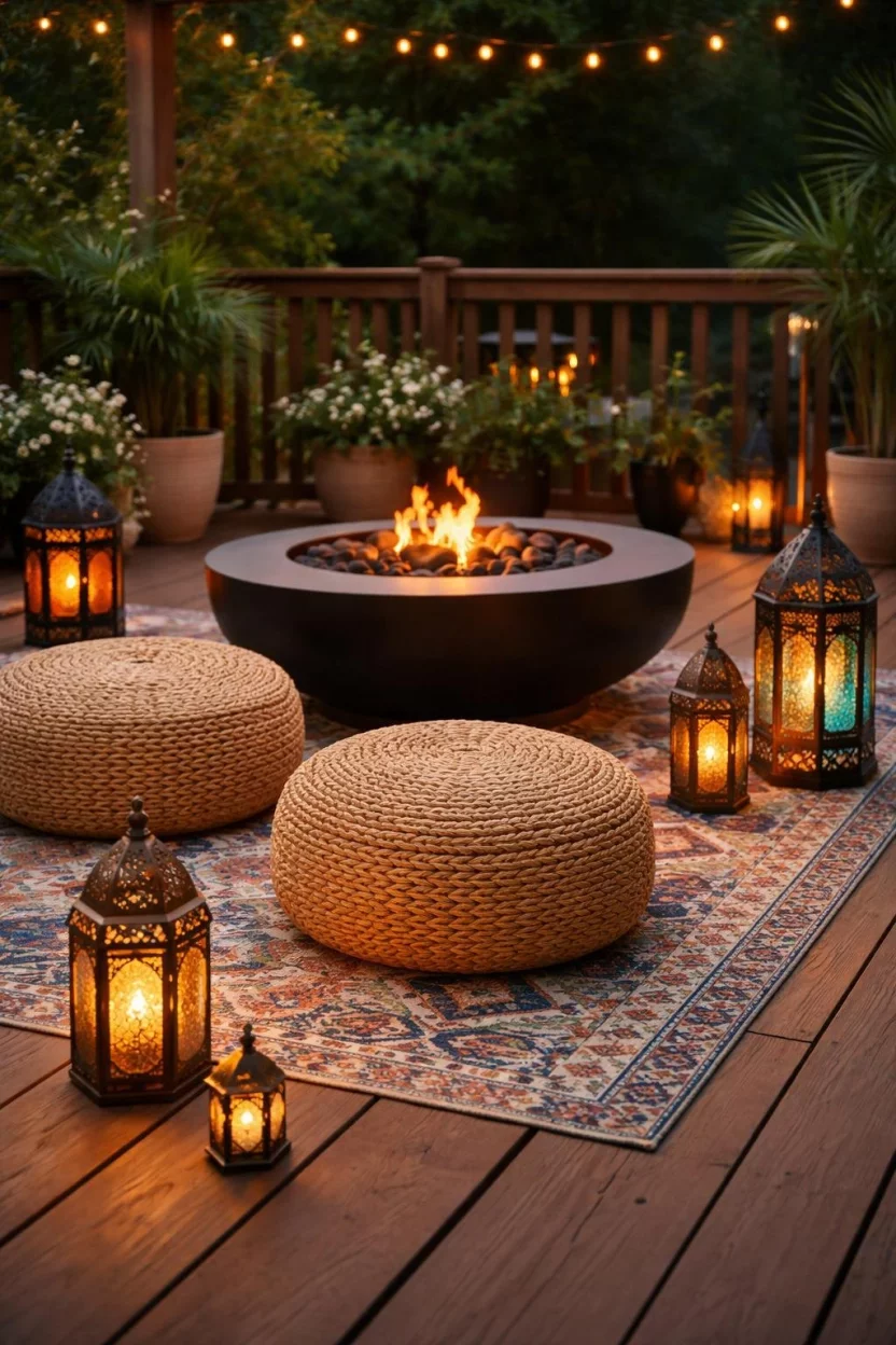 A realistic photo of a wood deck by a fire pit decorated with three large woven jute floor poufs in natural tan, a colorful patterned outdoor rug, and several Moroccan style lanterns.