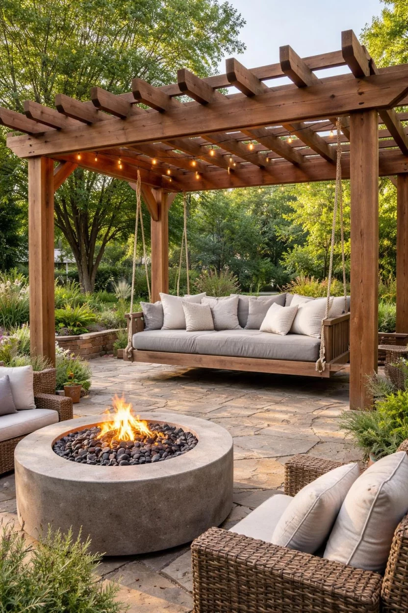 A realistic photo of a sturdy wooden pergola over a stone patio featuring a large hanging daybed with a grey mattress, several white pillows, and a nearby fire pit.