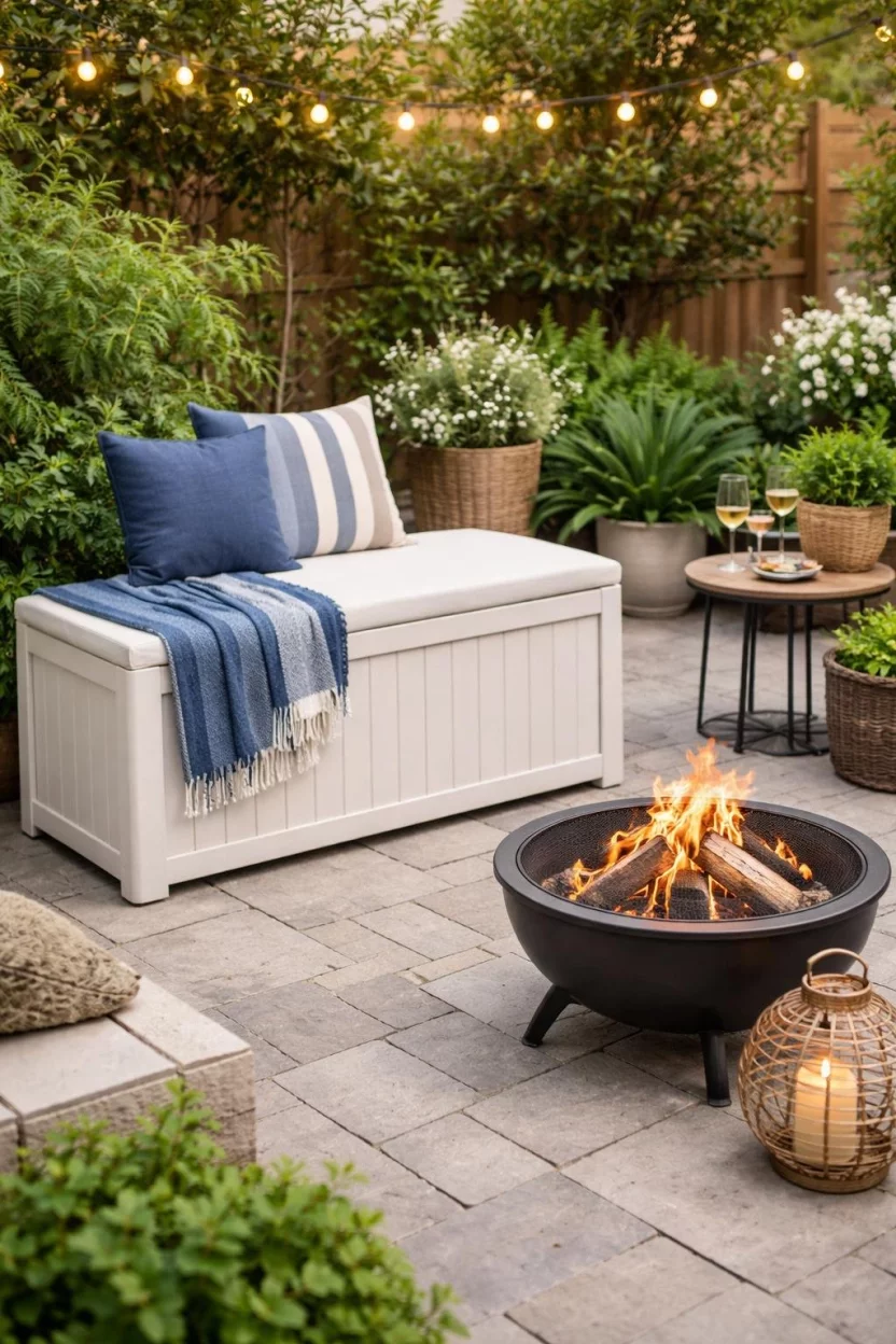 A realistic photo of a small patio with a white plastic storage bench that doubles as a seat, decorated with a blue outdoor blanket and standing next to a small metal fire pit.