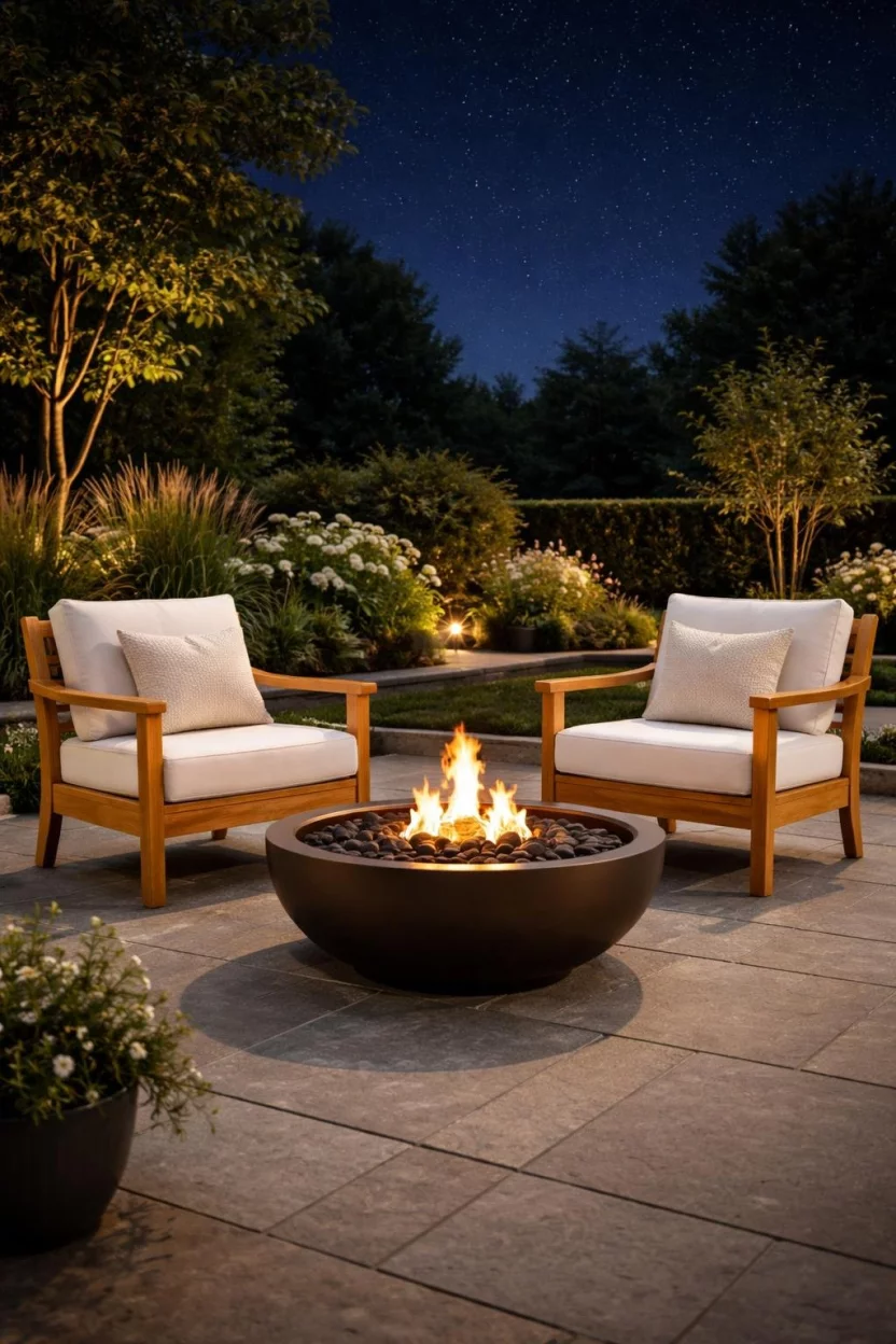 A realistic photo of a stone patio with two high end honey colored teak armchairs featuring white cushions, placed next to a modern bronze fire pit under a clear night sky.