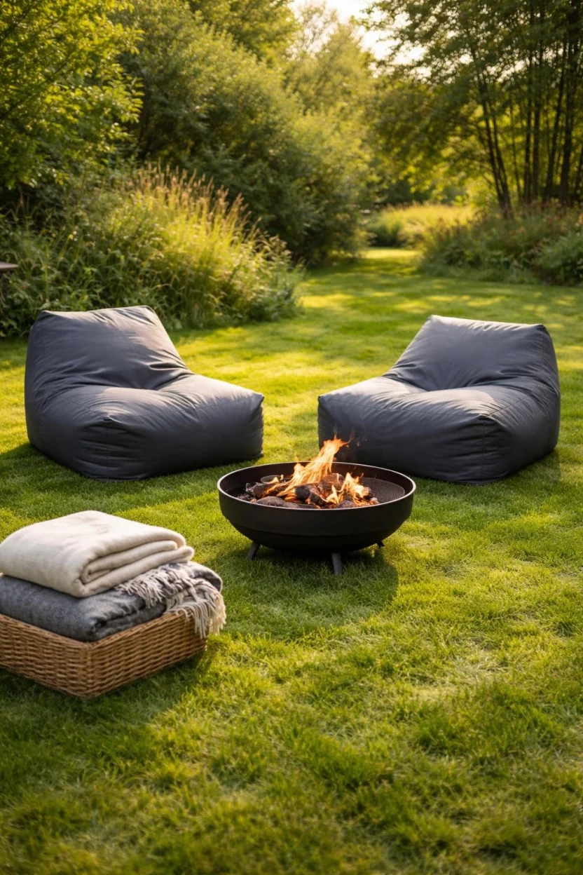 A realistic photo of a grassy backyard fire pit area with two large waterproof charcoal grey bean bag chairs, a portable fire bowl, and a stack of cozy wool blankets nearby.
