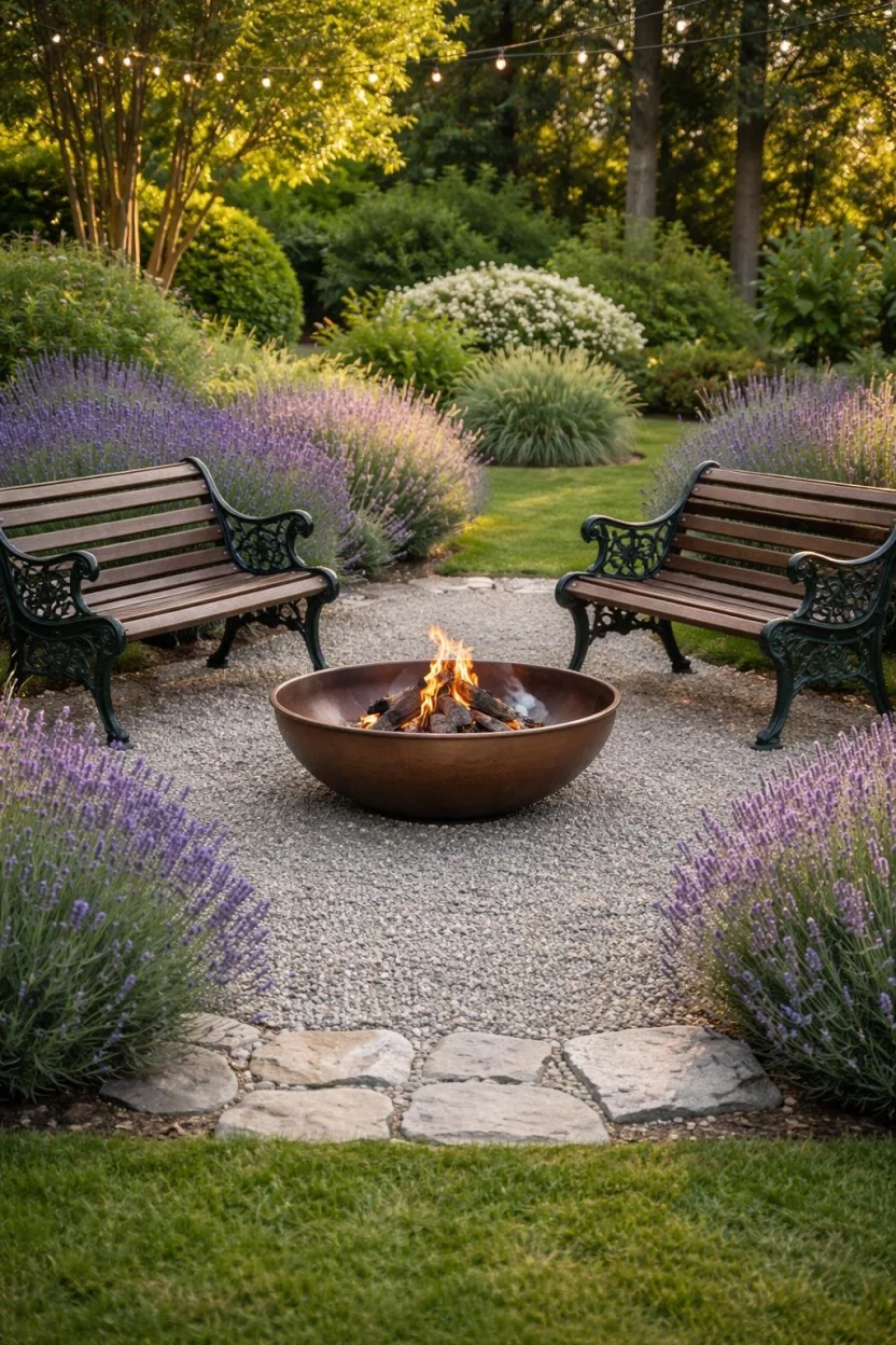 A realistic photo of a gravel fire pit area with two classic dark green cast iron and wood park benches facing each other across a copper fire bowl, surrounded by blooming lavender plants.