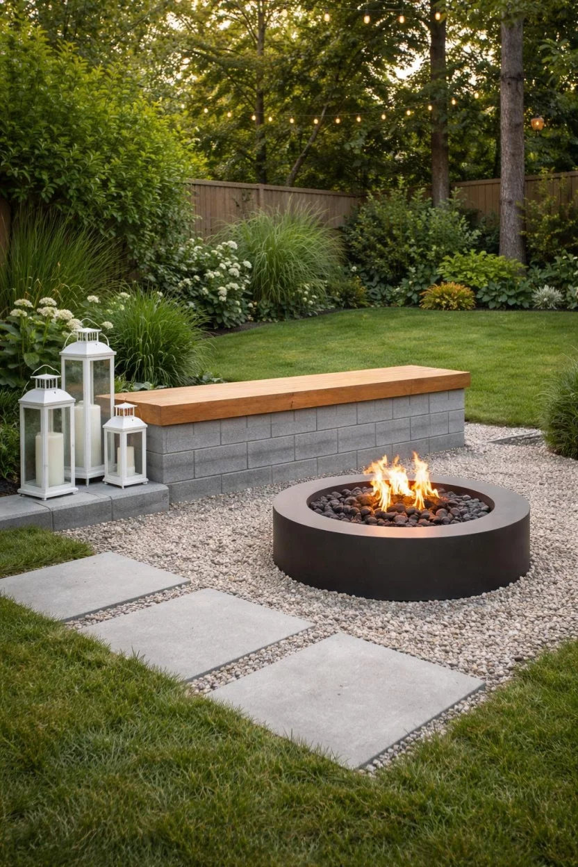 A realistic photo of a minimalist backyard fire pit area with a bench made of grey concrete blocks and a thick cedar wood plank on top, featuring a group of small white lanterns on the side.