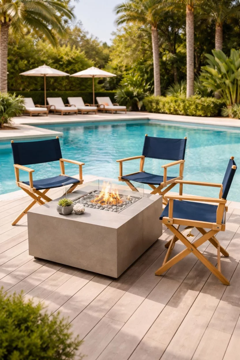 A realistic photo of a poolside deck with three navy canvas director chairs and light wood frames, positioned around a modern square fire pit table with clear glass rocks.