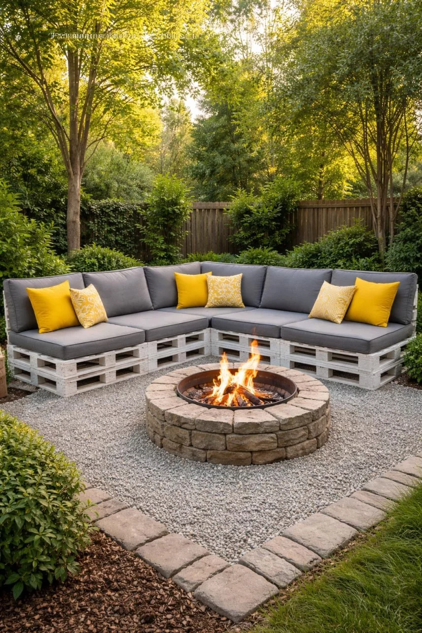 A realistic photo of a DIY fire pit area with a large L shaped sofa made from reclaimed wooden pallets painted white, topped with thick grey foam cushions and yellow accent pillows on a gravel base.