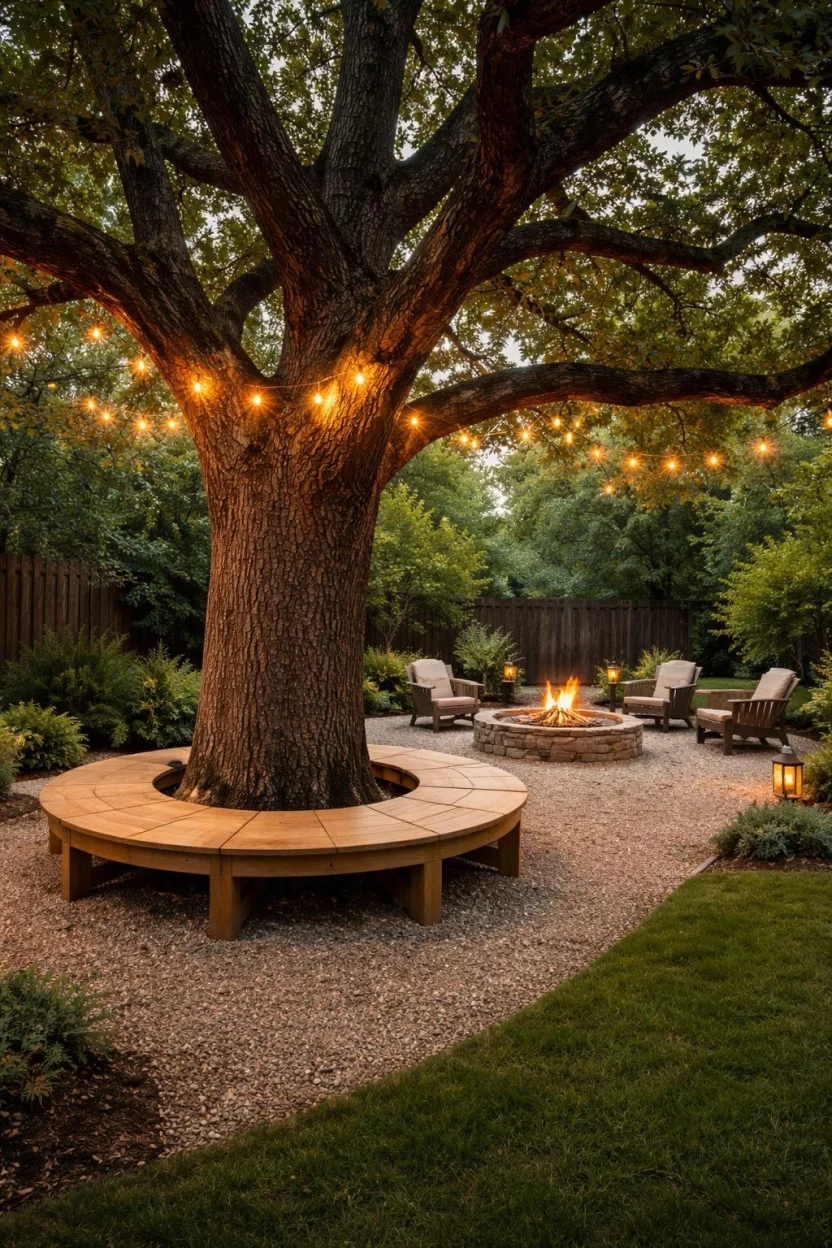 A realistic photo of a large oak tree in a backyard with a custom wooden wrap around bench circling the trunk, facing a nearby fire pit area with gravel flooring and string lights hanging above.