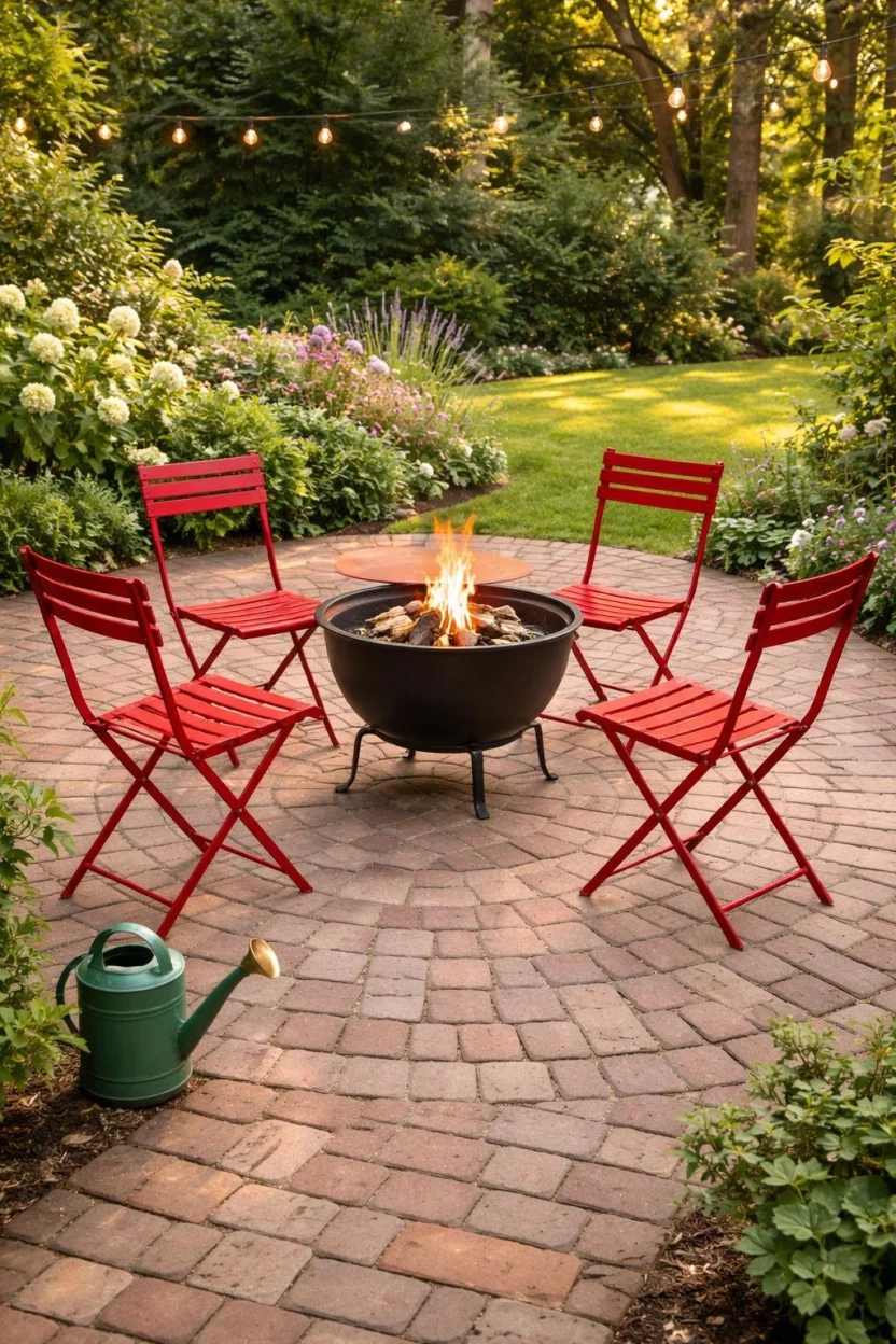 A realistic photo of a brick patio with four bright red metal bistro chairs and a small matching table surrounding a portable round fire pit, with a green watering can nearby.