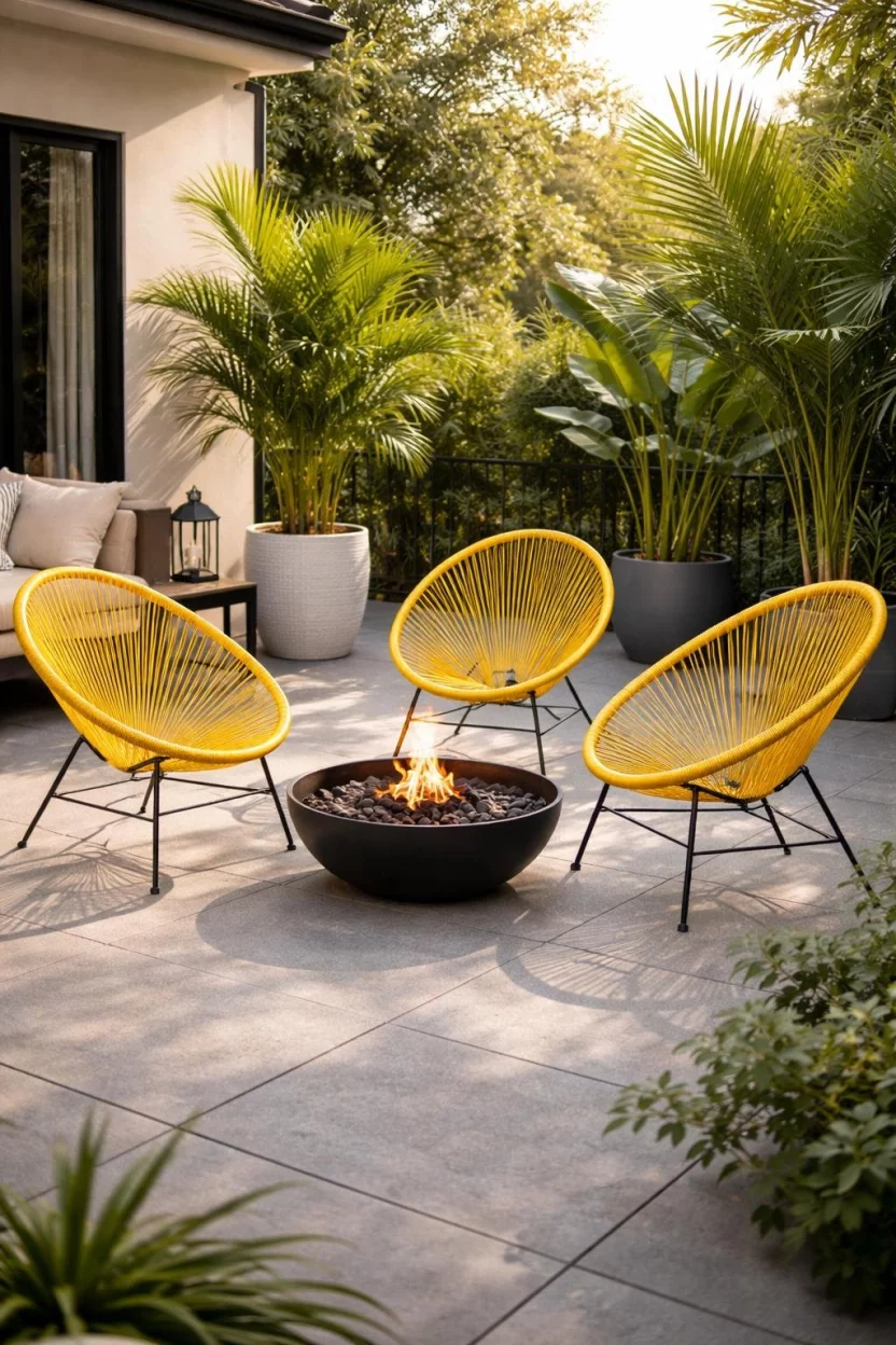 A realistic photo of a contemporary patio with three bright yellow Acapulco chairs made of woven cord around a black metal fire bowl, with large palm plants in pots nearby.