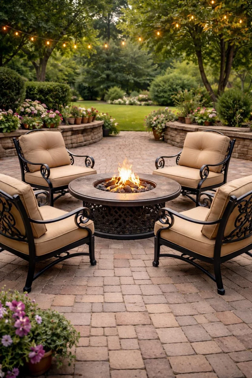 A realistic photo of a traditional brick patio featuring a set of four black wrought iron chairs with intricate scrollwork and tan cushions, surrounding a matching iron fire pit.
