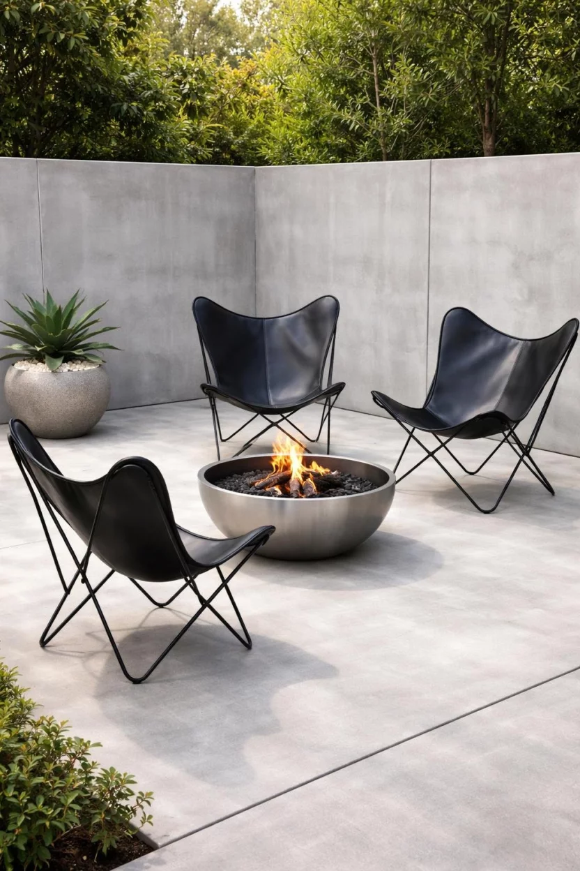 A realistic photo of a sleek concrete patio featuring three black leather butterfly chairs with iron frames arranged around a minimalist steel fire bowl, with a small potted succulent in the corner.