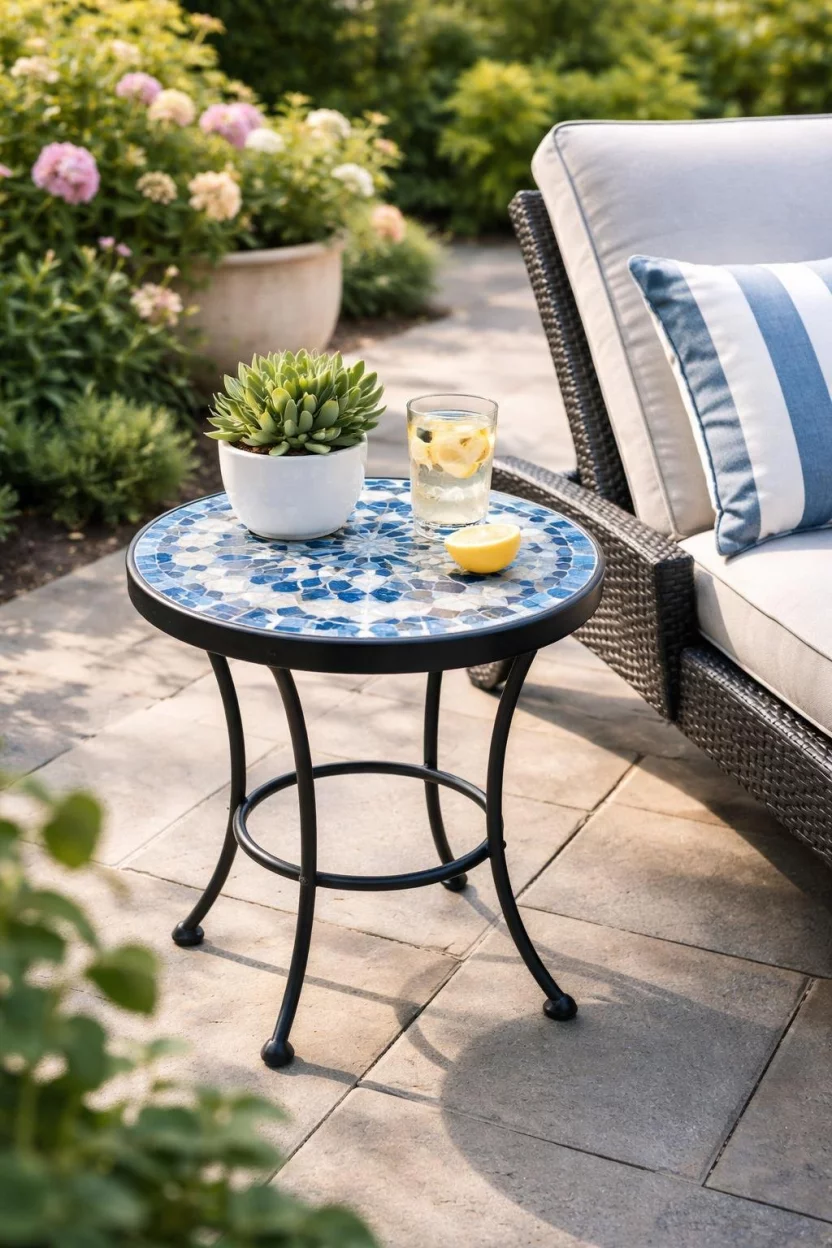 A realistic photo of a garden patio featuring a small round side table with a blue and white mosaic tile top and a black iron frame, next to a lounge chair.