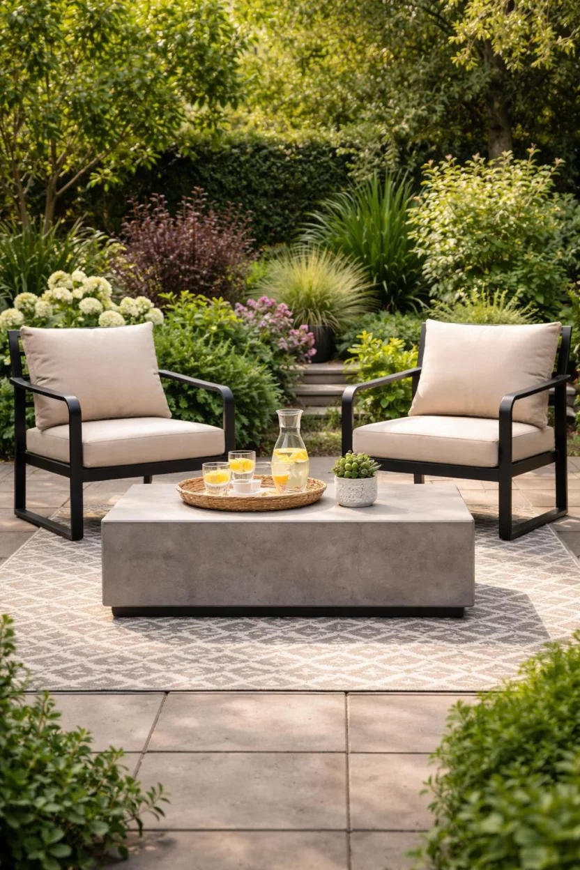 A realistic photo of a garden lounge setting with a low rectangular grey concrete coffee table placed between two modern black metal chairs with beige cushions on a patterned outdoor rug.