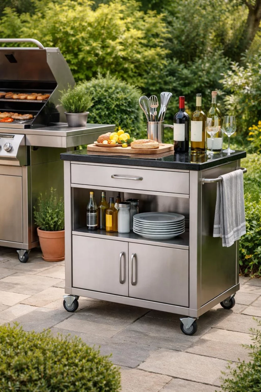 A realistic photo of a garden patio featuring a silver stainless steel outdoor kitchen cart with a black granite top, loaded with BBQ tools and wine bottles, next to a large grill.