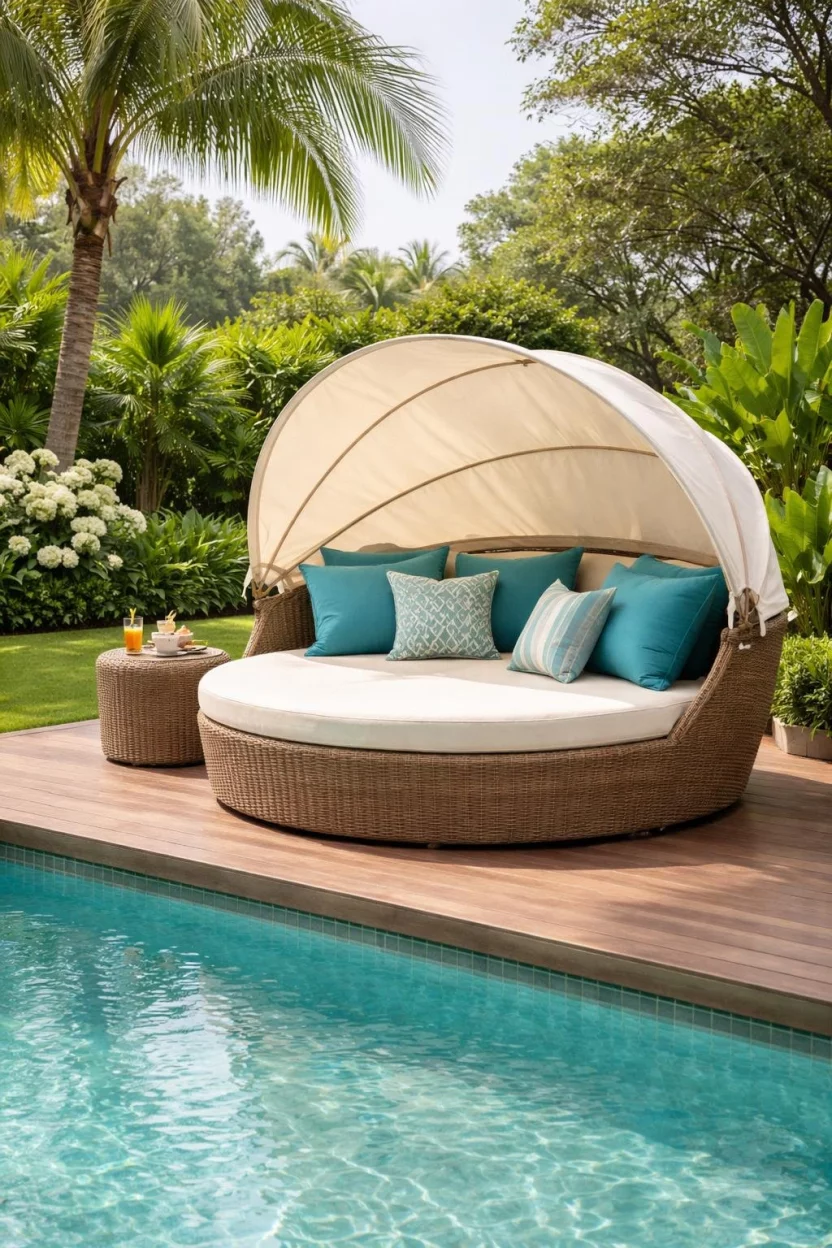 A realistic photo of a garden poolside area featuring a round tan wicker outdoor daybed with a retractable cream fabric canopy and several teal accent pillows, positioned on a wooden deck near a turquoise pool.