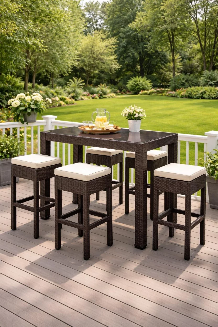 A realistic photo of a garden deck with a tall dark brown espresso wicker bar table and four matching bar stools with cream seat cushions, overlooking a lush green lawn.