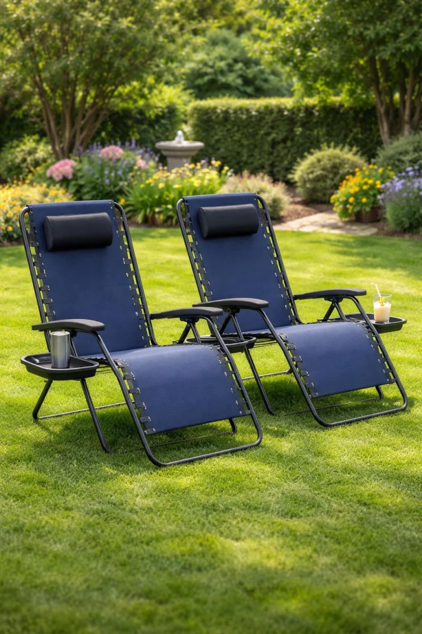 A realistic photo of a garden lawn with two navy blue zero gravity recliners that have black headrest pillows and side trays for cups, sitting on a green grass area.